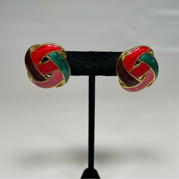 Jewelry - Vintage Goldtone Multicolor Pink Red Teal Maroon Intertwined statement Earrings